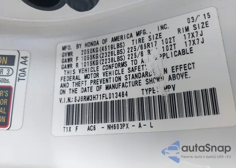 2015 Honda Cr-V Ex-L z USA, uszkodzony, nr VIN 5J6RM3H71FL013484